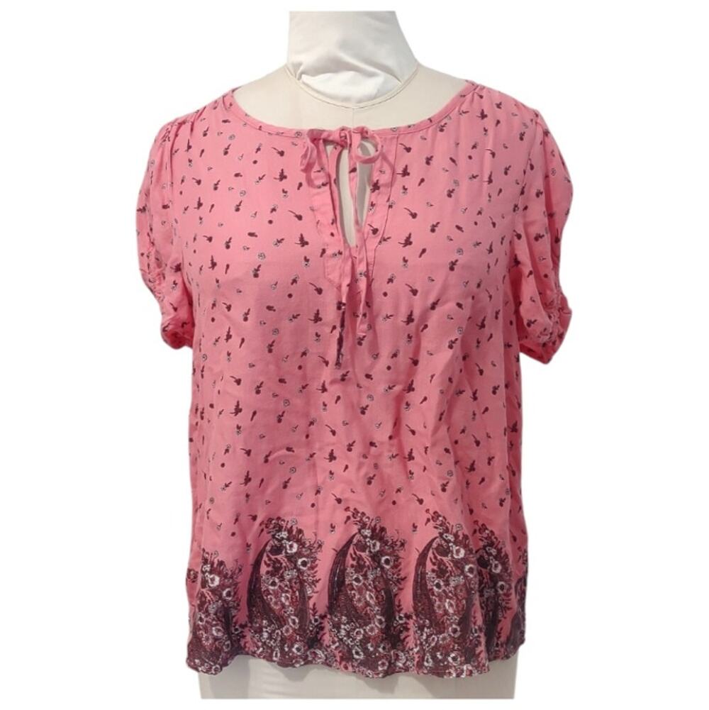 LUCKY BRAND Coral Pink Floral Tunic Blouse Size M Loose Scoop Neck Work Casual